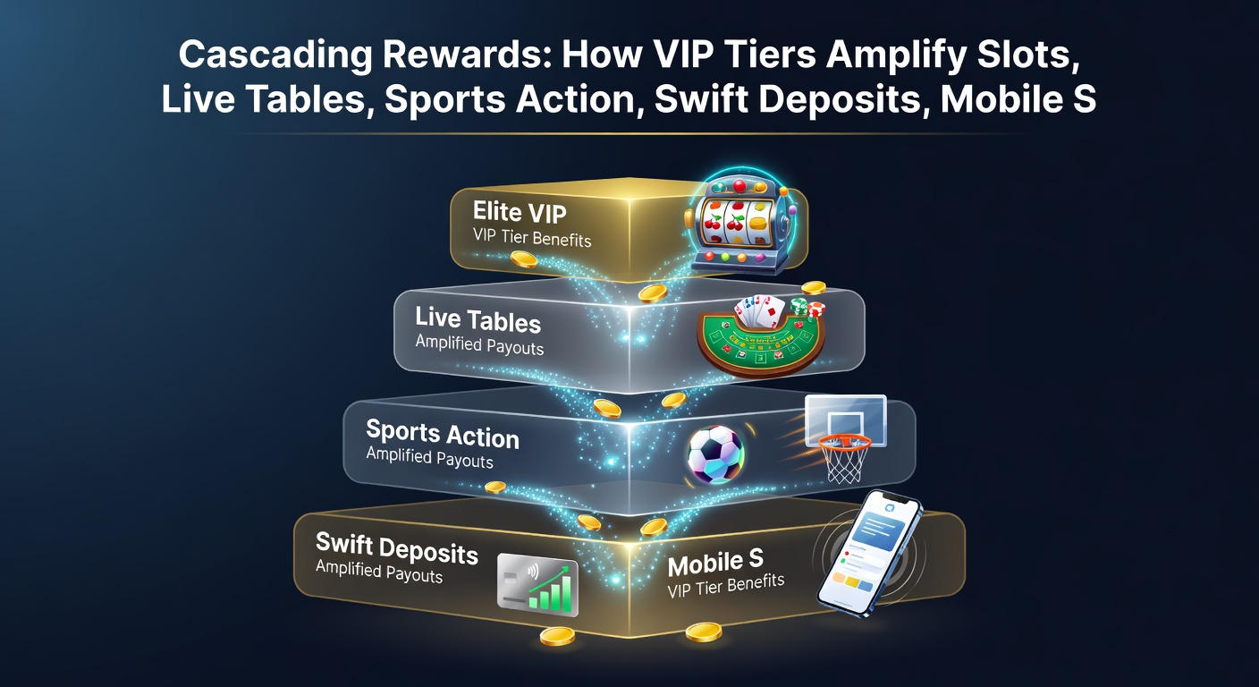 Dynamic split-screen of a VIP player at a live blackjack table, sports betting slip, and mobile slot spin with tier badges overlayed