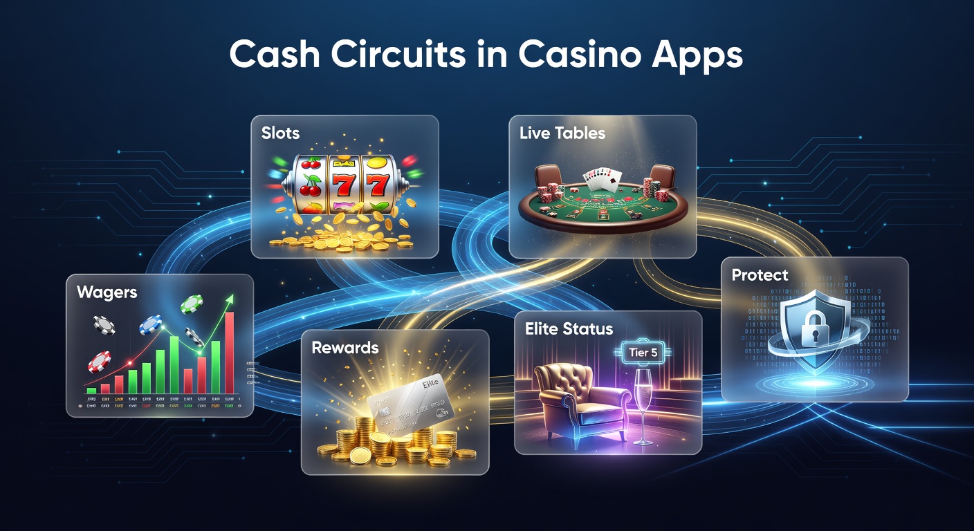 Close-up view of a mobile casino app interface displaying linked cash circuits for slots, live tables, sports wagers, rewards, VIP badges, and security shields