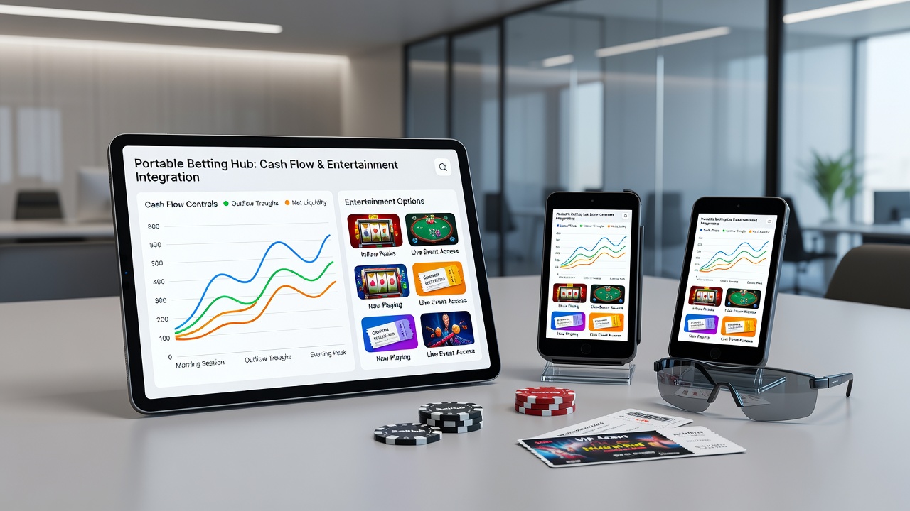 Split view of cash flow dashboard next to live sports betting and slot games in a portable hub