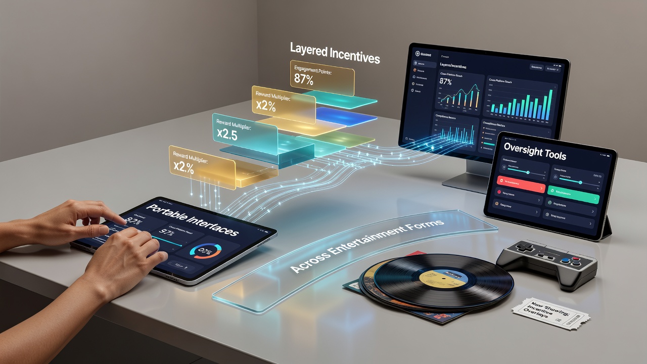 Diagram showing oversight tools monitoring layered incentives in mobile entertainment applications