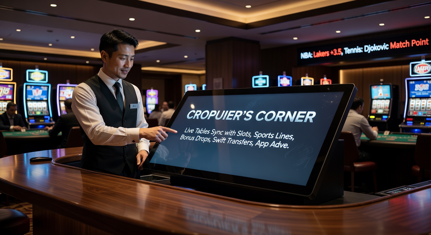 Dynamic split-screen of mobile app displaying synced live table, spinning slots, sports odds, and a bonus drop notification