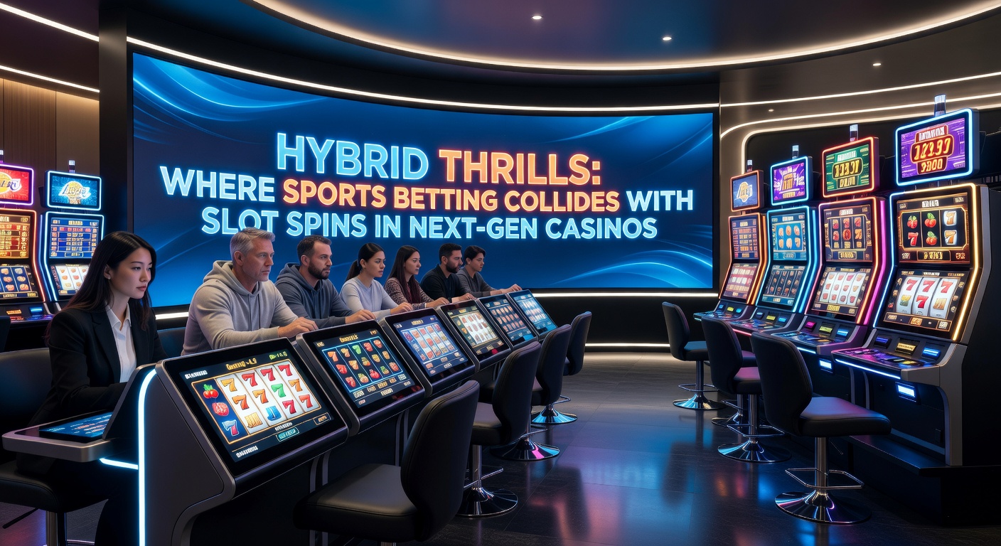 Dynamic casino floor scene with hybrid machines displaying sports events and slot games side by side