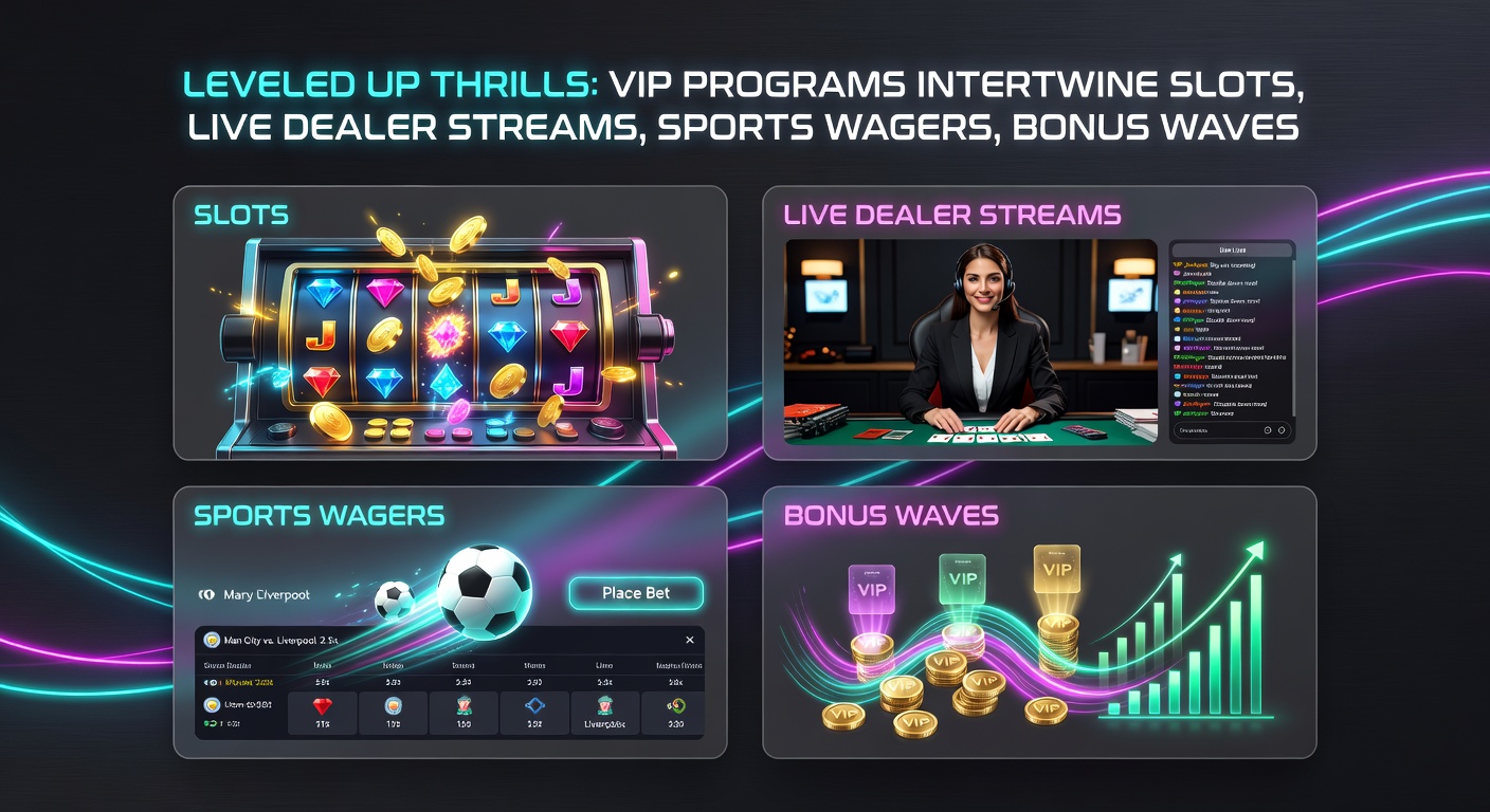 Dynamic mobile screen showing VIP dashboard with live dealer stream, slot reels spinning, sports odds updating, and bonus notifications popping